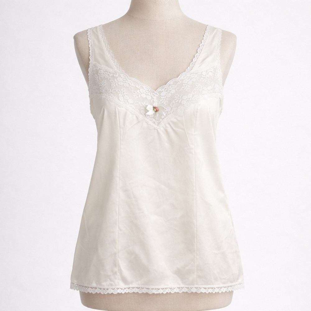 Vintage Lace Satin Cami White L Tank Top Fairy Coquette Romantic Lingerie Dainty